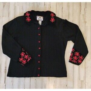 Tiara International Sz L Christmas Cardigan Poinsettia Sequin Black Velvet READ